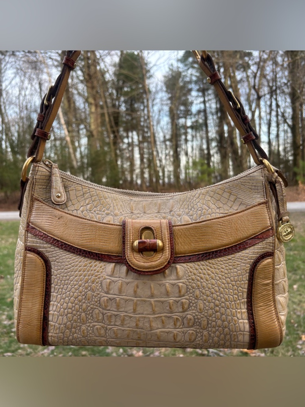 Brahmin Beige, Tan & Brown Croc-Embossed Shoulder Bag